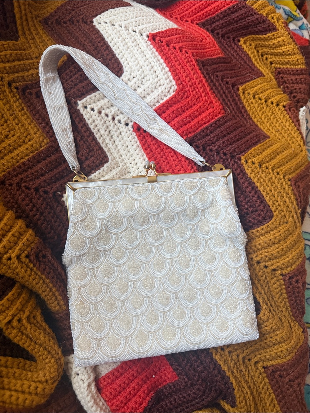 MCM white beaded handbag purse with mother of pearl along the edge